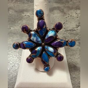 Copper Purple and Blue Dahlia Turquoise Flower Ring - Size 9